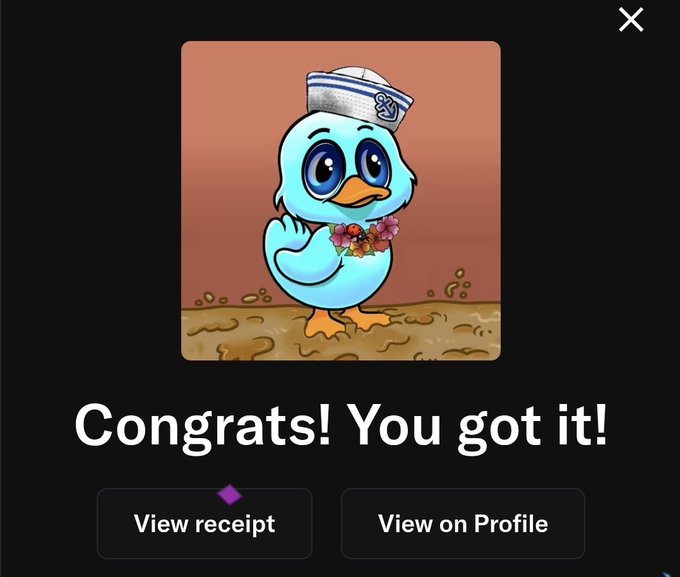 A 'Congrats! You got it!' pop-up featuring a cartoon blue bird wearing a sailor hat and flower necklace, with buttons to 'View receipt' and 'View on Profile'.