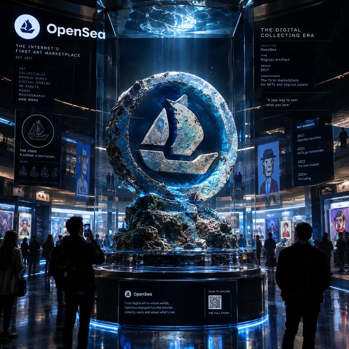 A futuristic exhibition space features a large, textured circular sculpture with a sailboat logo, identified by surrounding text as OpenSea, 'The Internet's First Art Marketplace' and 'The Digital Collecting Era'.