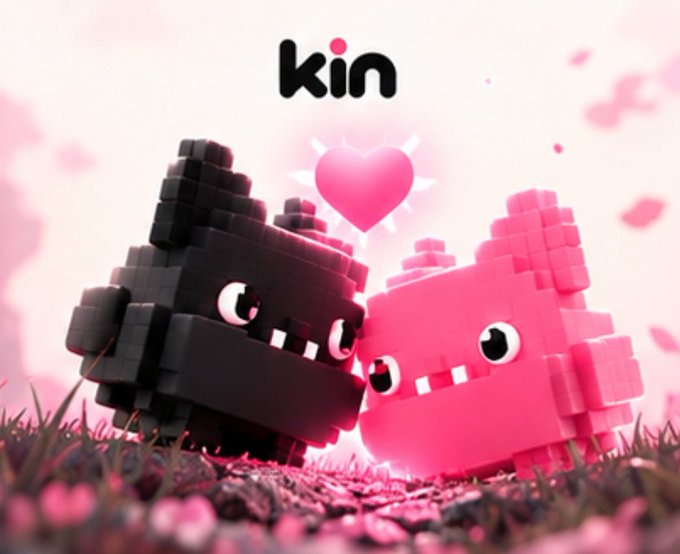 An advertisement for 'kin' featuring two cute blocky monster characters, one black and one pink, with a heart floating between them against a pink background.