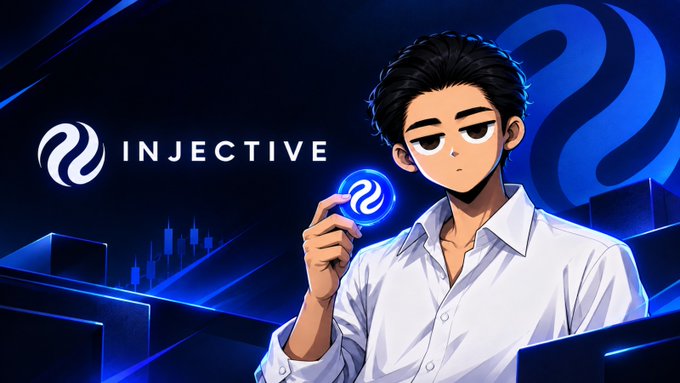 An anime-style character holds a glowing blue coin featuring the Injective logo, with the word 'INJECTIVE' and a price chart displayed on a dark blue background.