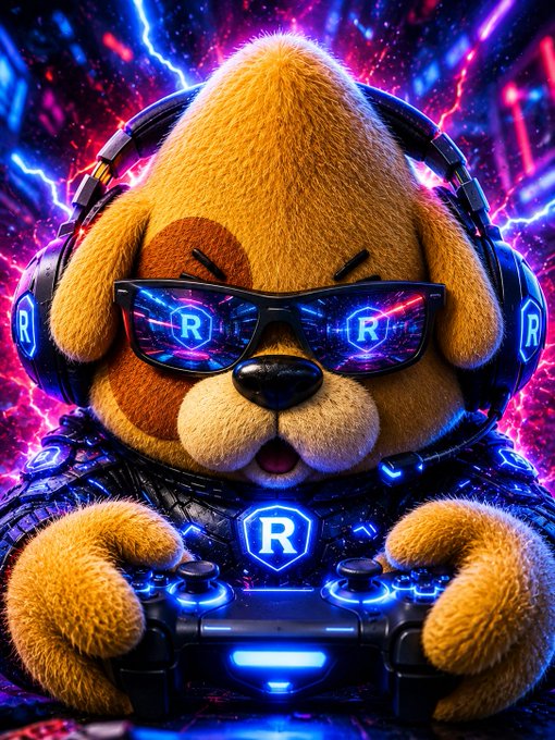A fierce cartoon puppy wearing neon blue sunglasses with the letter "R" on the lenses and matching "R" headphones grips a glowing gaming controller, surrounded by electric pink and blue energy bursts. The intense, competitive energy of the pup mirrors the post's call to battle in Season 18 of Axie Origins, with "WOOF" echoing the puppy's hyped-up gaming spirit and "R" likely representing the Axie Infinity symbol.