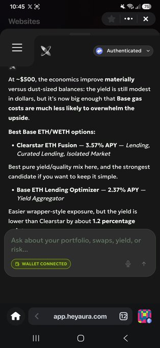 A mobile screenshot from the HeyAura app discussing crypto Base ETH/WETH options, mentioning 'Clearstar ETH Fusion - 3.57% APY' and 'Base ETH Lending Optimizer - 2.37% APY,' with a 'WALLET CONNECTED' button visible.