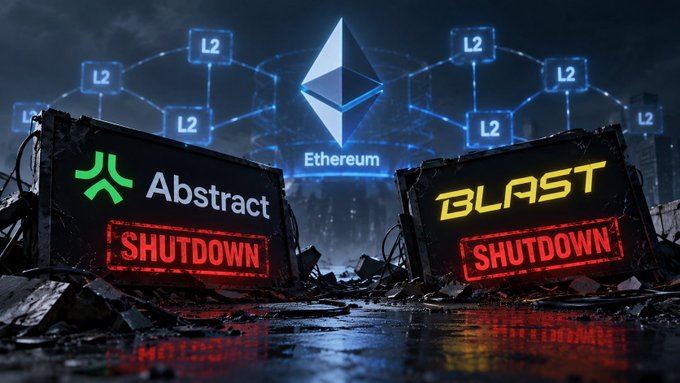 A dark digital illustration showing 'Abstract SHUTDOWN' and 'BLAST SHUTDOWN' banners in the foreground with the Ethereum logo and 'L2' chain icons floating above a ruined cityscape.