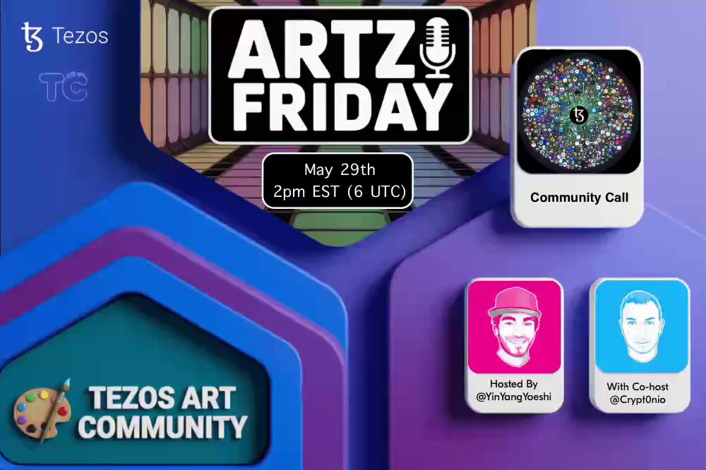 izos art friday advertisement features blue and purple color scheme, with a clock design, a black text sign, and three cartoon-style images on the right side.