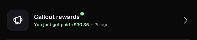 A dark-themed notification from "Callout rewards" displays the message "You just got paid +$30.35" timestamped "2h ago," relating to the post about returning to "calling out coins" as the reward represents earnings from the coin-callout activity.