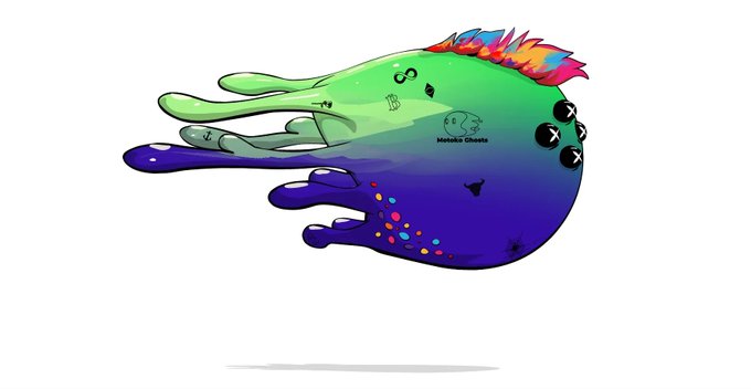 An abstract digital illustration of a colorful green, blue, and pink creature-like blob with social media icons (X logos) attached to it, labeled 'Melekin Ghosts.'