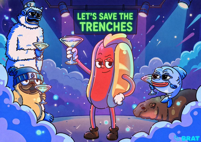 A colorful cartoon illustration featuring anthropomorphic characters including a hot dog in a bun, a yeti, a dog in a beanie, and a pufferfish all holding martini glasses, with the text 'LET'S SAVE THE TRENCHES' and 'BRAT' logo.