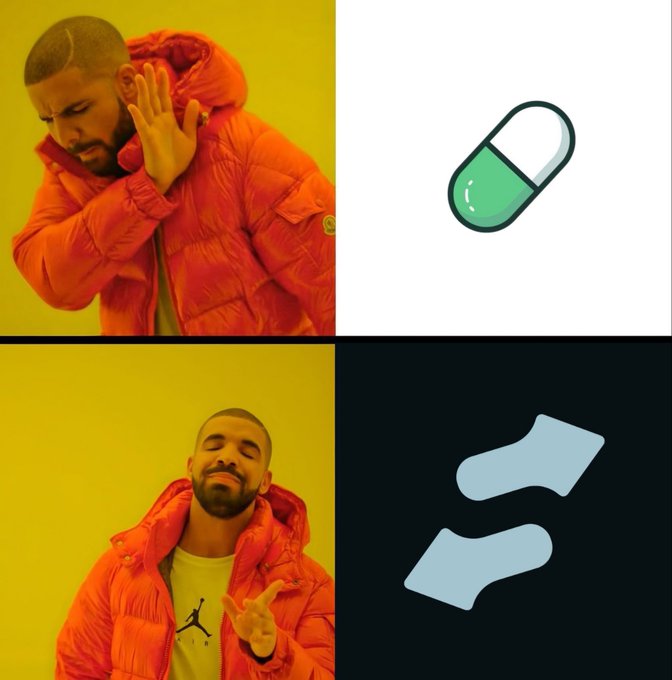 A four-panel meme using Drake in an orange puffer jacket rejecting a green and white pill (top) and approving a pair of light blue socks (bottom).