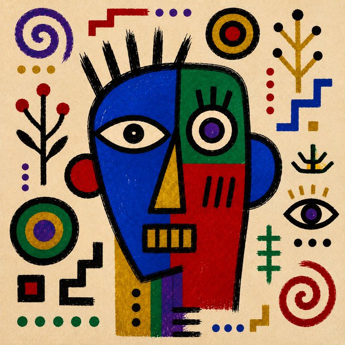 A colorful abstract painting featuring a stylized face divided into blue, green, red, and yellow sections with two eyes, surrounded by decorative symbols, spirals, plants, and geometric patterns on a cream background.