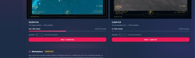 Marketplace interface showing an auction for an NFT bundle with 10,000 FLR and another with 2,500 FLR, each at 1,000 minted and approximately 25 transactions.