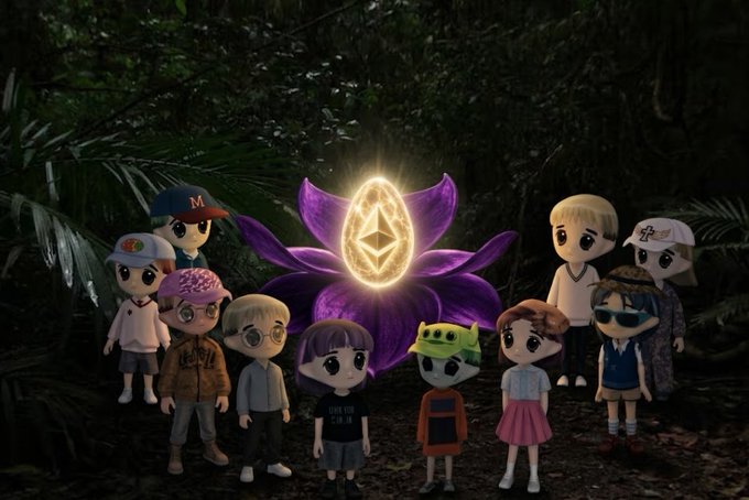 A digital artwork depicting ten cartoon-style avatars standing around a glowing Ethereum (ETH) logo shaped like a purple flower in a dark forest setting.