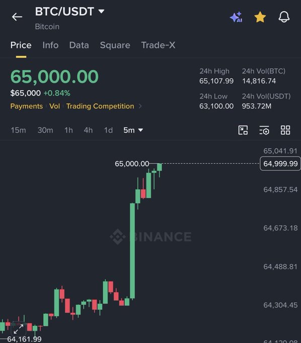 A cryptocurrency trading app screenshot showing BTC/USDT (Bitcoin) price at $65,000.00 (+0.84%) on what appears to be Binance, with 24h high of $65,107.99 and low of $63,100.00, displaying a green candlestick chart.