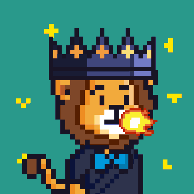 Pixel-art illustration of a regal person in a crown and formal suit, shown in profile while drinking from a bright glowing mug or orb; yellow sparkles decorate the teal background.