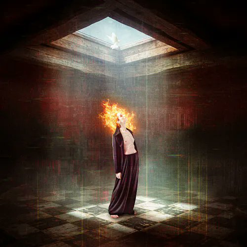 A figure draped in a black cloak stands on a checkered floor within a dim, enclosed space, with flames engulfing their head and a white dove descending from a beam of light above. The surreal imagery captures a haunting, dramatic moment of transformation, fitting the artwork's title "A Vampire's Last Morning" and emphasizing themes of rebirth and finality.