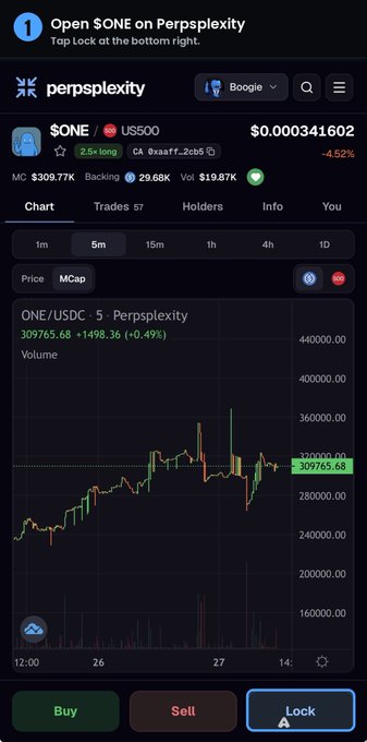 A step-by-step tutorial screenshot showing the $ONE/USDC trading interface on Perpsplexity, with the "Lock" button highlighted at the bottom right, displaying a current price of $0.000341602 and a market cap of $309.77K. The image visually demonstrates the first instruction to open $ONE and tap Lock, as outlined in the accompanying guide for earning dividend rewards through token locking.