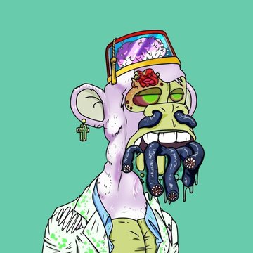 A cartoon-style digital illustration of a zombie-like ape character with a VR headset on its forehead, green glowing eyes, and tentacle facial features against a solid green background.