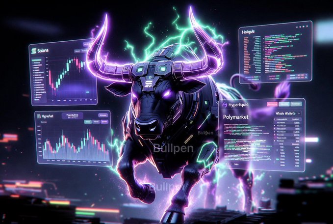 A powerful mechanical bull with glowing neon horns and electric energy charges forward, surrounded by floating holographic screens displaying crypto platforms including Solana, Hyperliquid, Holapix, and Polymarket, with charts and whale wallet data visible. The image symbolizes BullpenFi's aggressive, data-driven engagement system that continuously monitors post performance and on-chain activity—mirroring the charging bull's relentless, real-time tracking of metrics like $ANSEM mentions across crypto ecosystems.