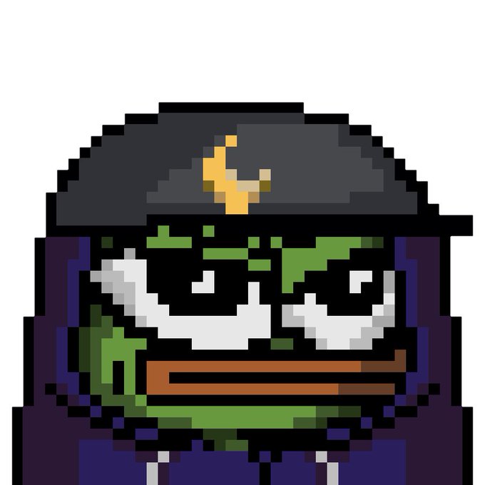 A pixel art character illustration features a person with a black cap bearing a yellow cross, wide grinning eyes, a green face, and a brown mouth, set against a purple background.