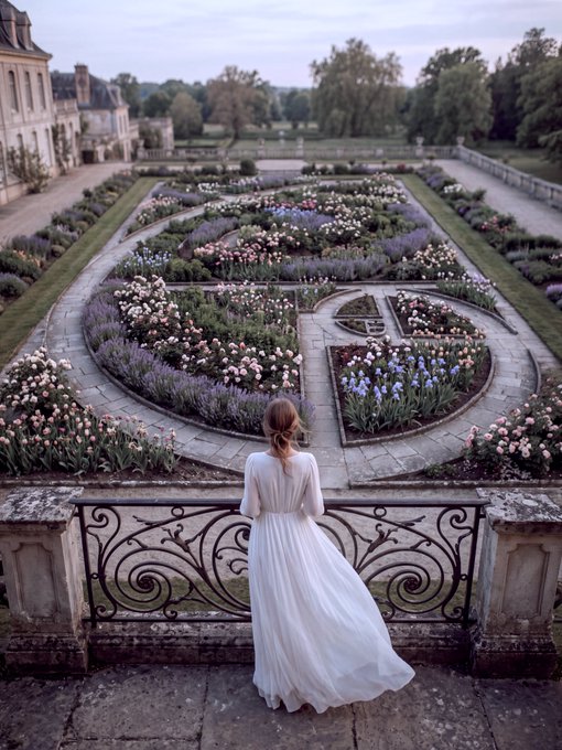 A woman in a flowing white dress stands on a stone balcony overlooking an ornate formal garden with intricate flower beds and symmetrical landscaping at a grand estate.