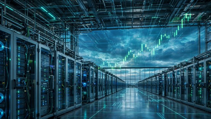 A futuristic data center with rows of server racks illuminated in blue and green lights, featuring a digital stock chart overlaid against a cloudy sky.