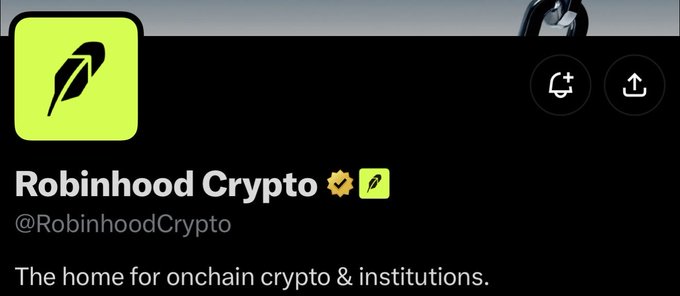 The Robinhood Crypto Twitter/X profile page with their green feather logo, verified badge, and the tagline 'The home for onchain crypto & institutions.'