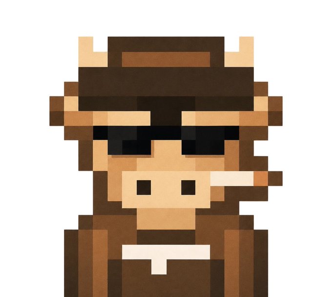 A pixel art image of a brown bull character wearing black sunglasses and smoking a cigar, with a "T" symbol on its chest. The image represents the "Bulltoshi" NFT character referenced in the post, which praises the Bulltoshi community's dedicated efforts in building around NFT mechanics and growing the Ansem collective ecosystem.