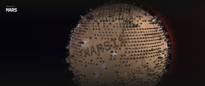 Aerial 3D render of a spherical barren planet labeled 'MARS' dotted with trees and structures, with 'PROJECT MARS' text in the upper left corner.