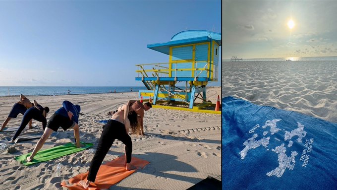 A group practices yoga on a sandy beach in front of a blue and yellow lifeguard tower at sunrise, while an adjacent image shows a "Consensus 2024" branded towel laid on the sand with the sun rising over the ocean—illustrating the authentic, community-focused side events Quip hosted at Consensus, including a sunrise beach yoga session and afternoon picnic that filled up quickly.