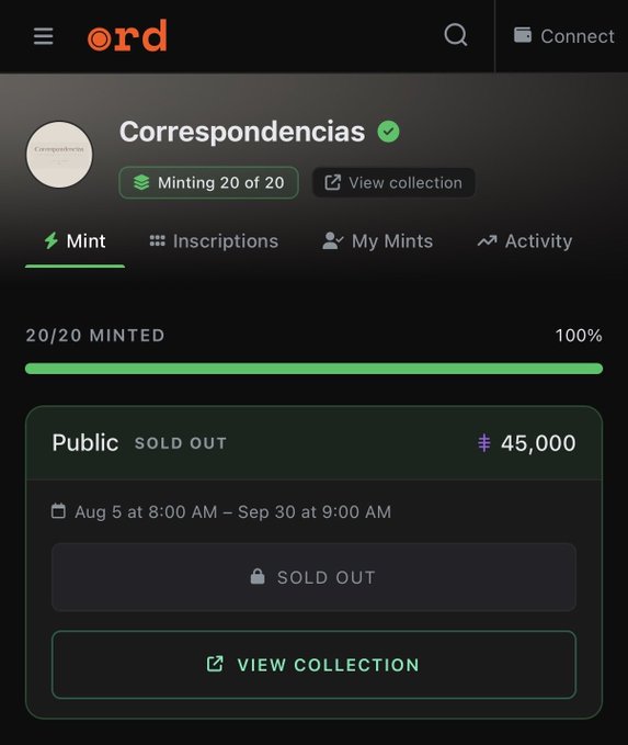 A screenshot of a website interface for 'ord' showing a 'Correspondencias' NFT collection that is 'Minting 20 of 20' and 'SOLD OUT', priced at 45,000 sats, with a green progress bar at 100%.