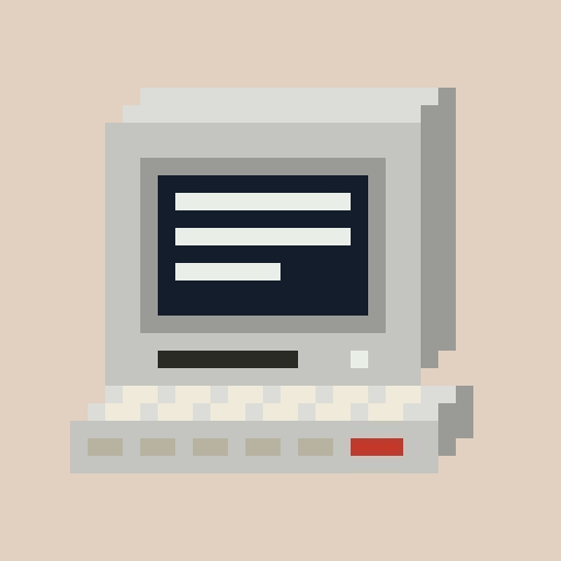 A pixel art style image of an old-fashioned gray desktop computer with a monitor displaying text lines and a keyboard below it on a peach background.