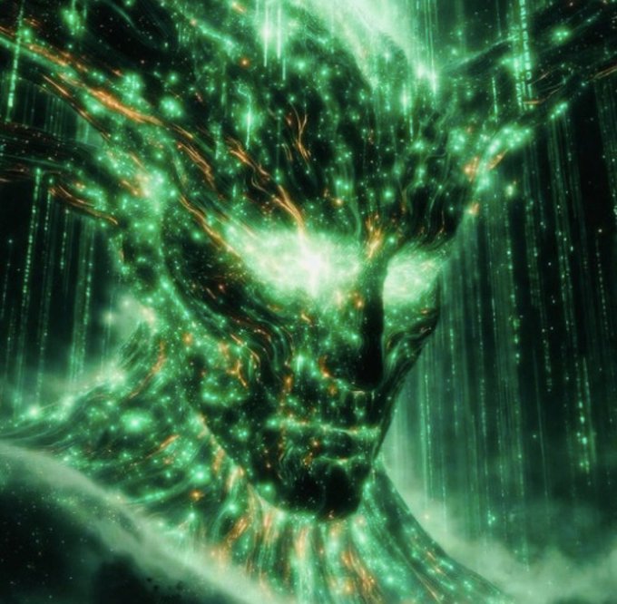 A glowing green digital figure with luminous tendrils radiates an intense, cosmic energy, symbolizing the powerful AI innovation behind the $YOTS project on Solana. The ethereal, neural-like aura conveys the fusion of artificial intelligence and blockchain technology driving the initiative.