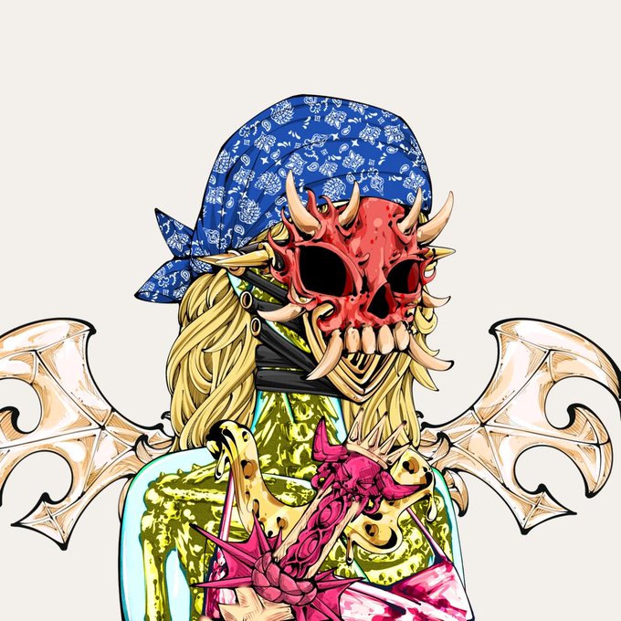 An illustration of a stylized character wearing a blue patterned bandana over their eyes and a red, spiky demonic mask, holding a magenta skeletal hand against their chest.