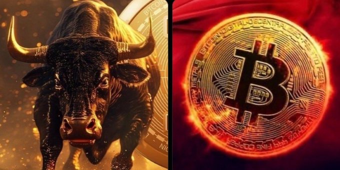 A split image shows a charging bronze bull statue beside a Bitcoin coin on the left, and a glowing Bitcoin emblem encircled by text reading "VIRES IN NUMERIS" and "FINE COPPER MJB MONETARY METALS" on the right. The pairing visually represents the post's message about Wall Street's traditional market symbol (the bull) converging with Bitcoin's rise into mainstream financial legitimacy over the past 18 years.
