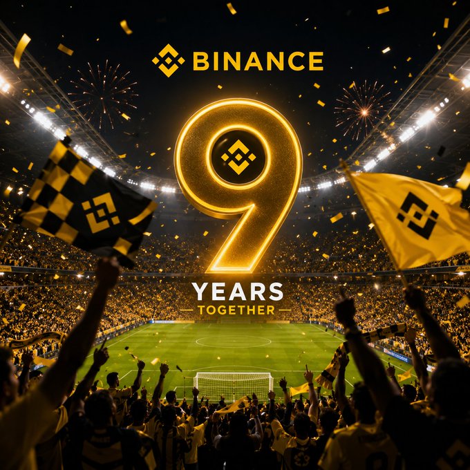 A Binance anniversary graphic celebrating '9 YEARS TOGETHER' with a large glowing golden '9', Binance logo, and a stadium background filled with fans waving Binance flags and confetti.