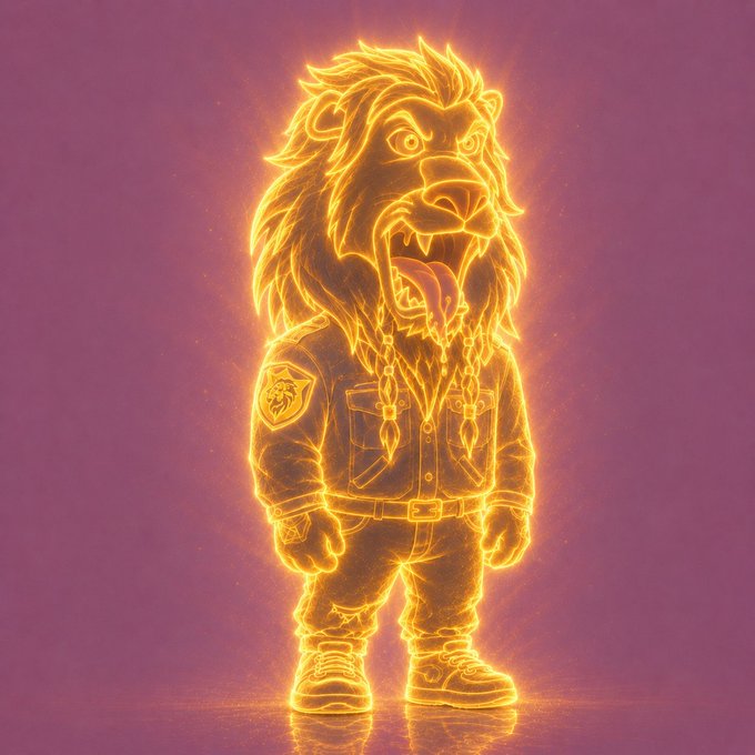 A glowing orange neon-style illustration of an anthropomorphic lion character wearing a jacket with a lion emblem patch, set against a purple background.