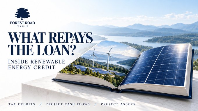 A promotional banner for 'Forest Road Vault' titled 'WHAT REPAYS THE LOAN? INSIDE RENEWABLE ENERGY CREDIT', showing an open book with wind turbines and solar panels on its pages, with text 'TAX CREDITS / PROJECT CASH FLOWS / PROJECT ASSETS' below.