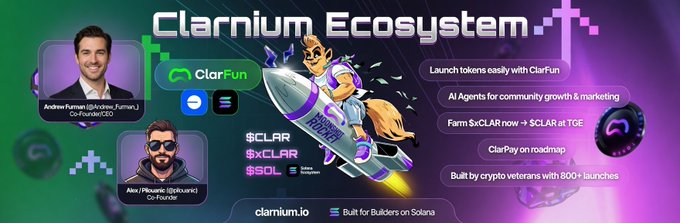 The image features a banner with a cartoon character riding a rocket ship, accompanied by text that reads "Clarium Ecosystem" and "AI Agents". The image also includes a list of people's names and a description of their roles on the platform. The main focus is on the launch of tokens and the development of ecosystems for Solana builders and communities.