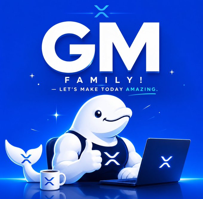 A cheerful white whale mascot gives a thumbs-up while working on a laptop, featured on a vibrant blue promotional graphic with the text "GM FAMILY! — LET'S MAKE TODAY AMAZING." and the XRP/X-style logo, tying into the "GM FAM" post as an energetic morning greeting for a community of crypto enthusiasts.
