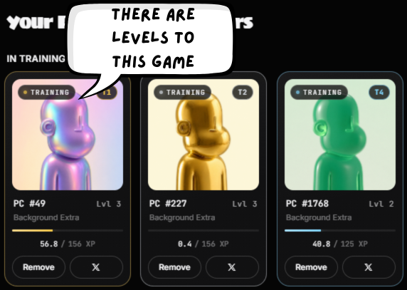 A mobile game screen titled "Your [In]structors" shows three training character cards (T1, T2, T4) with a speech bubble reading "There are levels to this game."