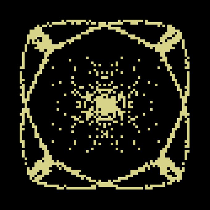 A pixel-art style circular emblem rendered in pale yellow against a black background, featuring a geometric star or sunburst pattern at its center.