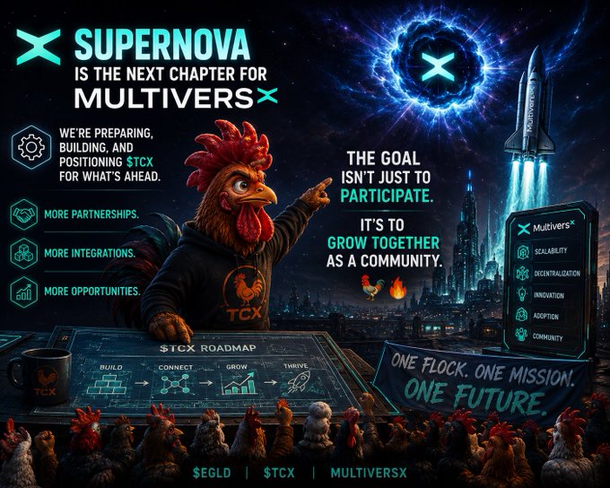 A promotional crypto graphic for 'SUPERNOVA' by MultiversX featuring an anthropomorphic rooster in a hoodie, a '$TCX Roadmap' (Build, Connect, Grow, Thrive), and text reading 'ONE FLOCK. ONE MISSION. ONE FUTURE.' with tags $EGLD, $TCX, and MULTIVERSX.