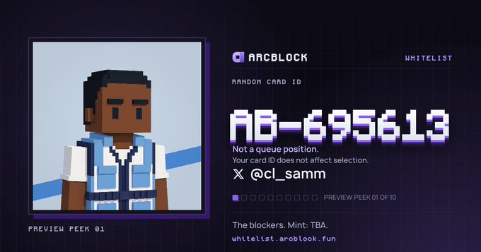 A digital whitelist card from ARCBLOK showing a pixel-art character preview with the random card ID 'AB-695613' and the username '@cl_samm'.