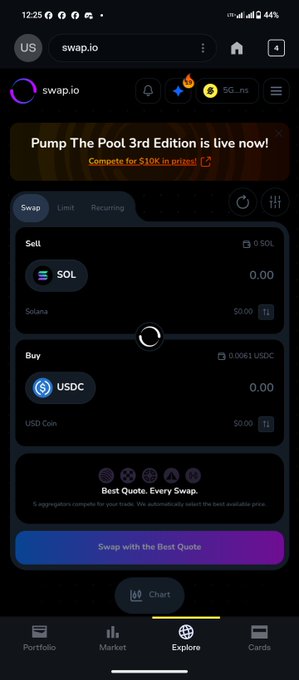A mobile screenshot of the swap.io platform showing a SOL to USDC swap interface with a banner for 'Pump The Pool 3rd Edition'.