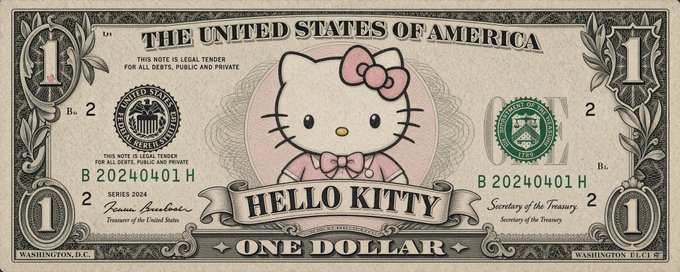 The image shows a U.S. one-dollar bill featuring Hello Kitty edited into the central portrait, with a pink bow and "HELLO KITTY" banner displayed below, and text including "THE UNITED STATES OF AMERICA," "B 20240401 H," and "SERIES 2024." The meme humorously frames Hello Kitty as the "one dollar" of a meme stock, visualizing the post's claim of an imminent violent repricing for ticker $KITTY.