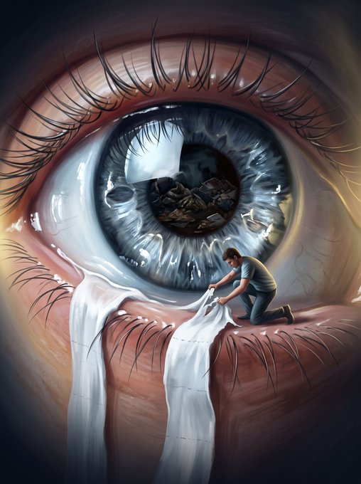 A surreal digital artwork depicting a giant eye crying white tears, with a small figure kneeling on the lower eyelid wiping away the tears while dark rocks are visible in the iris.