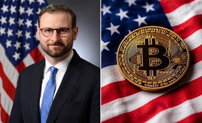 A man in a suit stands before an American flag next to a physical Bitcoin resting on a striped background, visually tying Patrick Witt's reported progress on the CLARITY Act to U.S. crypto regulatory clarity.
