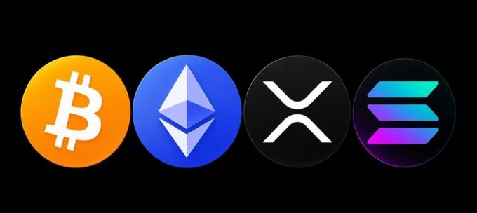 Four cryptocurrency logos — Bitcoin (₿), Ethereum (), XRP (X), and Solana (≡) — displayed in their iconic colors against a black background, representing the major assets highlighted in the post about record U.S. spot crypto ETF inflows totaling $885M.