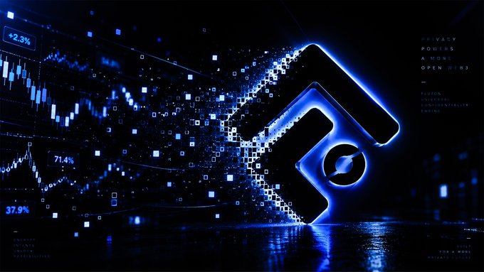 A futuristic, blue neon-lit digital graphic featuring a stylized letter 'F' logo with the text 'PRIVACY POWERS A MORE OPEN WEB' visible on the right side.