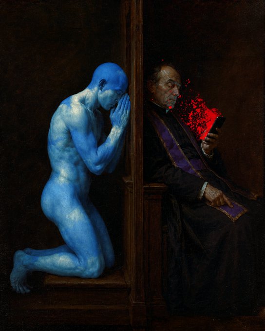 The image features a painting of two men, one blue-skinned and one black-skinned, sitting next to each other with their hands clasped together. One man has his head bowed down while the other holds a book or tablet device. The painting is titled "dear algo" in the bottom right corner.