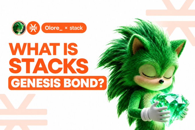 A promotional graphic asks 'WHAT IS STACKS GENESIS BOND?' with 'Olore_ x stack' branding, featuring a green hedgehog character holding a glowing green crystal.